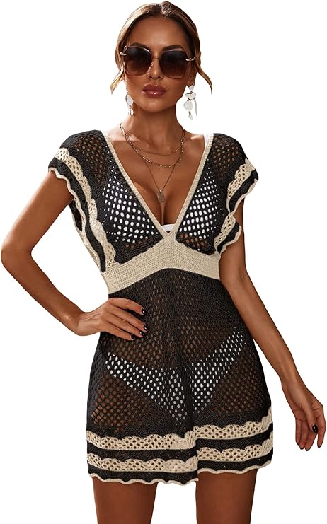 MakeMeChic Women's Deep V Neck Hollow Out See Through Knit Swimsuit Cover Up Beach Dress
